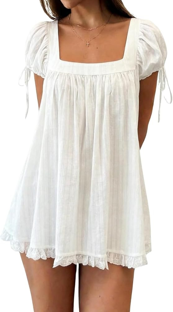 Women Square Neck Babydoll Mini Dress Y2k Puff Sleeve Flowy Short Dress Loose Bow Tie Ruffle Trim... | Amazon (US)