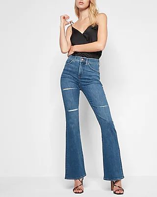 High Waisted Medium Wash Ripped Flare Jeans | Express