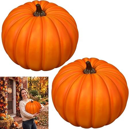 Leinuosen 2 Pcs Large Pumpkins for Outdoor Porch Fall Decor, Orange | 12" Huge Artificial Pumpkin... | Amazon (US)