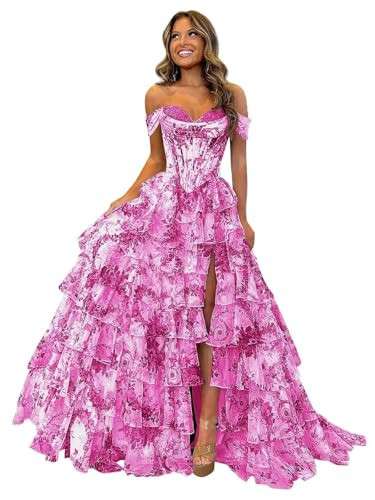 GATMAHE Floral Print Prom Dress Prom Dresses for Teens 2026 Hot Pink Ruffle Tiered Chiffon Long Ball Gown Off Shoulder Corset Formal Dress US6 | Amazon (US)