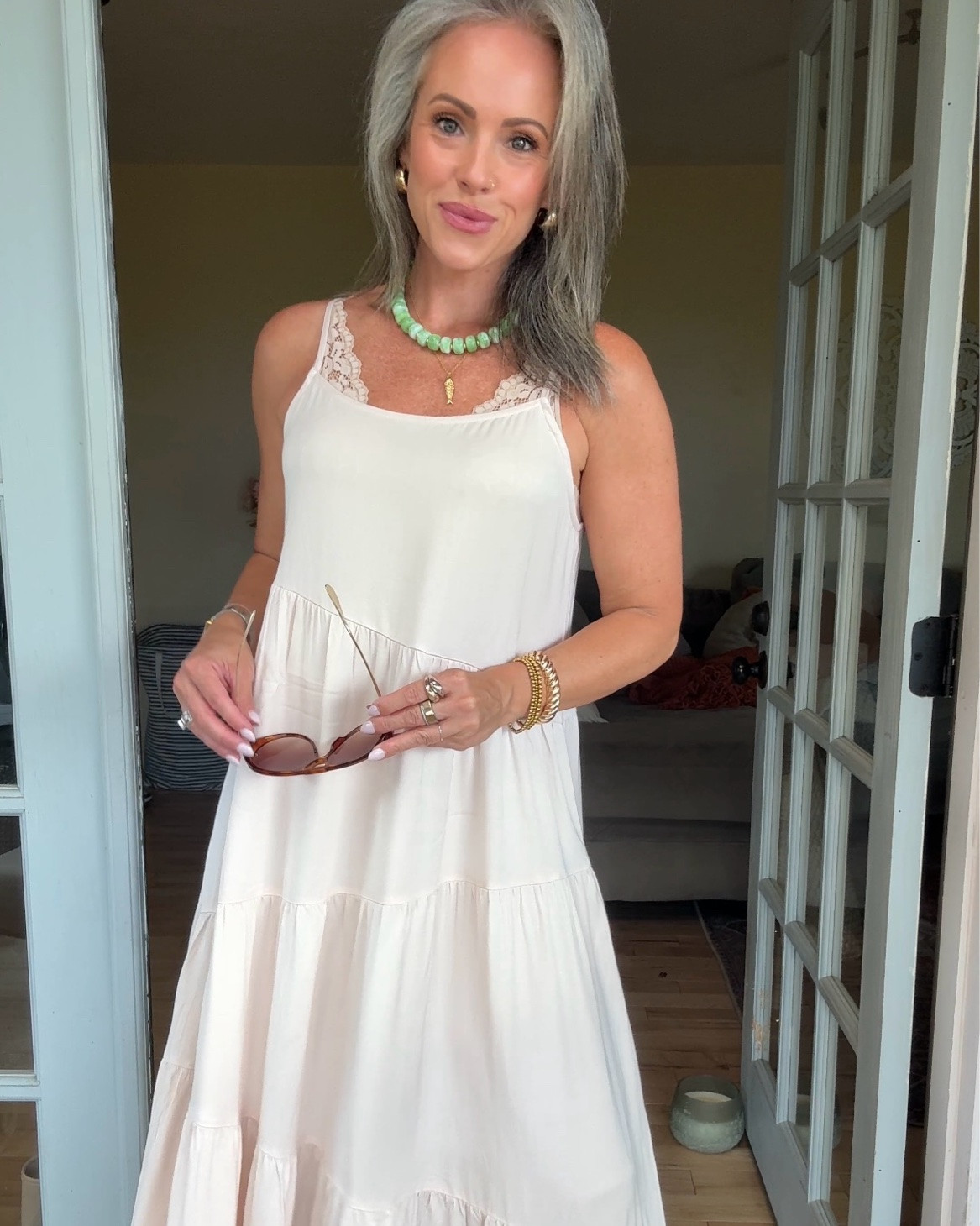 In a small in the two shorter dresses and a medium in the longer dresses! #summerdresses #weddingguest #babyshower #fashionover40