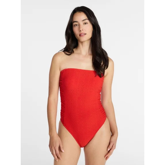 Time and Tru Women's and Women's Plus Eyelet Bandeau One Piece Swimsuit with Side Shirring, Sizes... | Walmart (US)