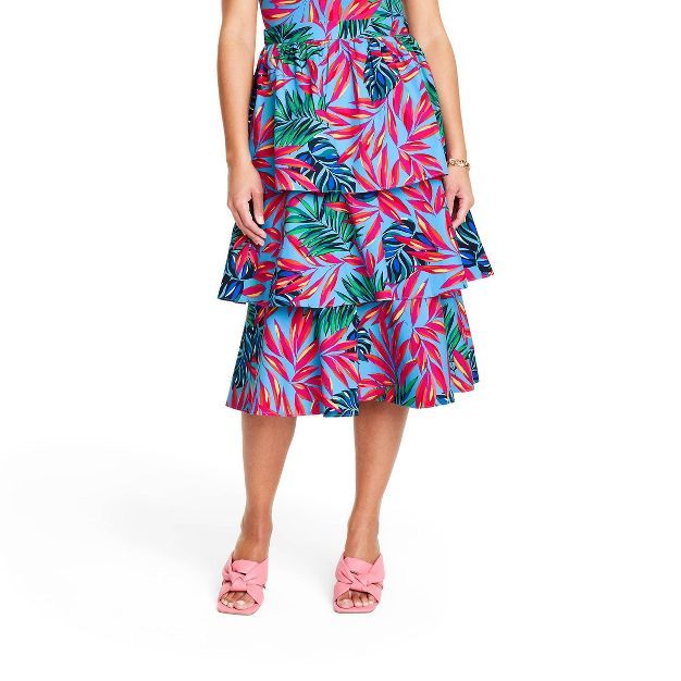 Women's Tropical Print Tiered Midi Skirt - Tabitha Brown for Target Blue/Pink | Target