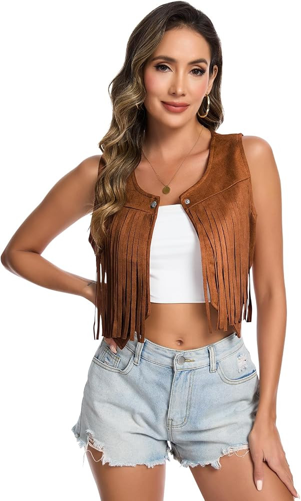 Women's 70s Hippie Vest Disco Outfits Fringe Vest 60s Faux Suede Sleeveless Tassel Cowgirl Jacket... | Amazon (US)
