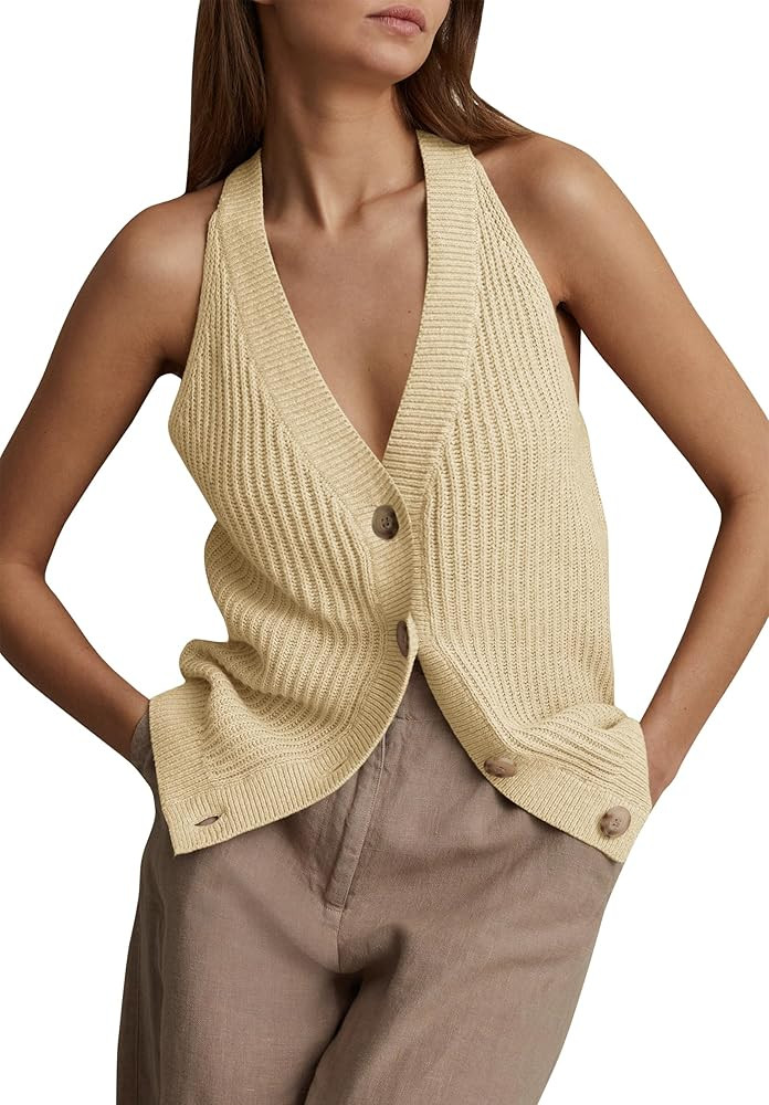 Womens Button-Front Sweater Vest Top V Neck Sleeveless Knit Tank Fitted Halter Raceback Cardigan ... | Amazon (US)
