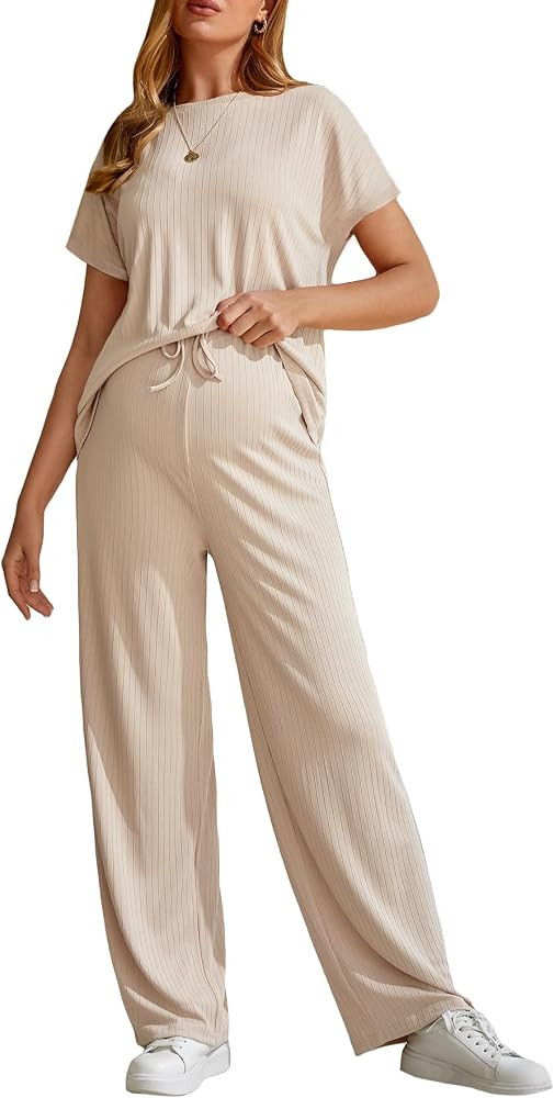 OYOANGLE Women's Maternity 2 Pieces Pajamas Short Sleeve T-Shirt Top and Pants Outfits Tracksuit ... | Amazon (US)