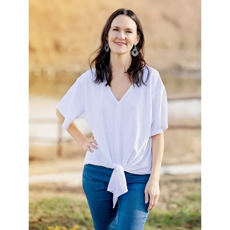 The Pioneer Woman Tie Front V-Neck Top with Short Sleeves, Women's | Walmart (US)