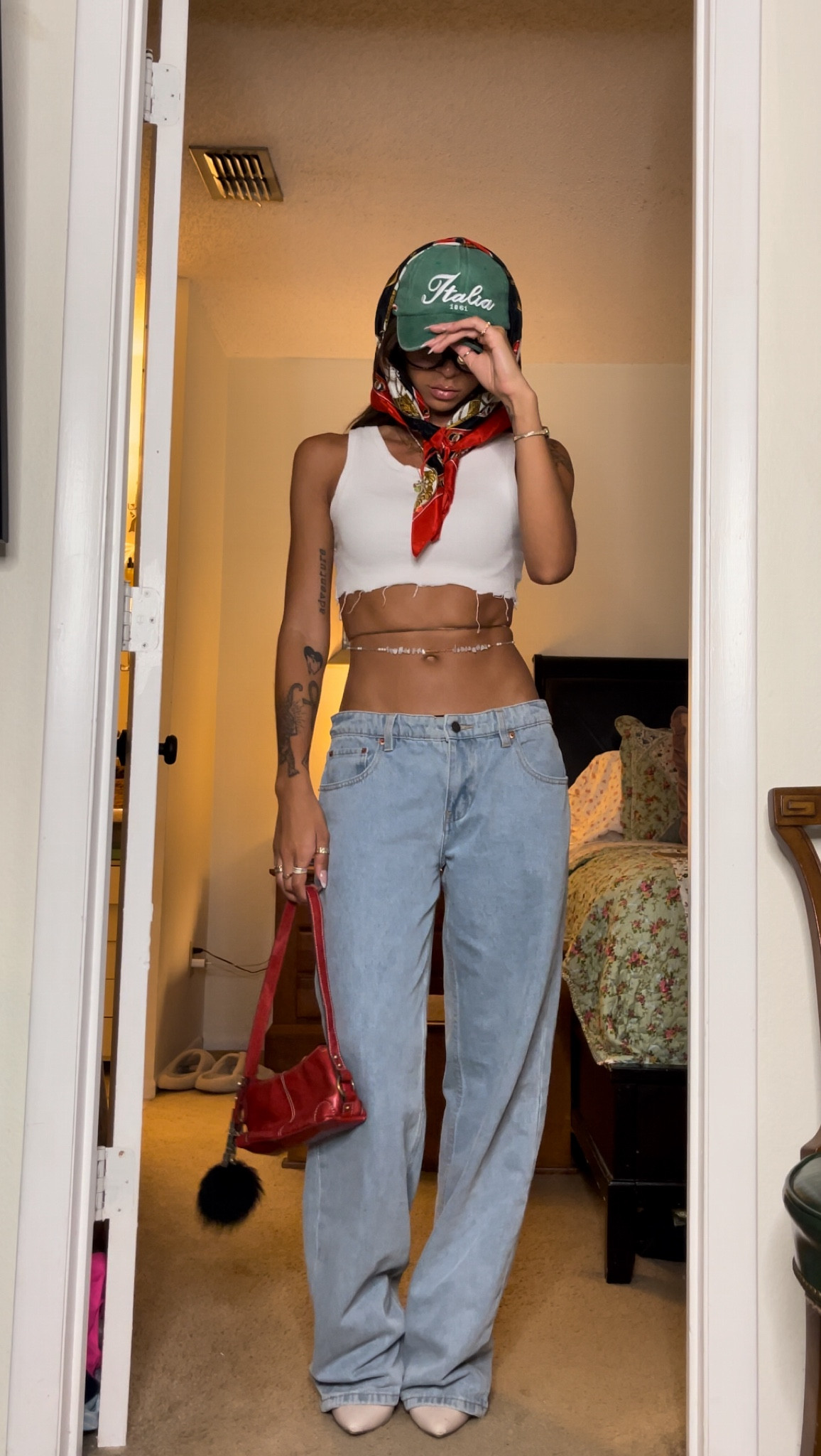 low rise jeans outfit 🍋‍🟩💓 top is old from South St, Jeans are old from Motel Rocks, belly chains are old from Princess Polly & the scarf is thrifted! 🔗 Linked similar so we can twin 🕺🏽🕺🏽