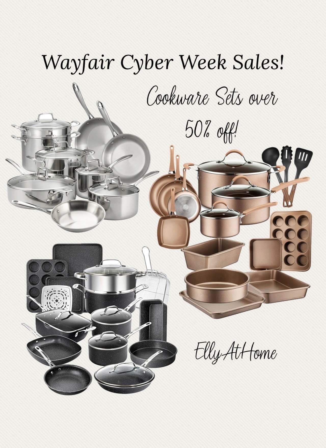 Wayfair cyber week sales! Shop cookware sets in a variety of styles, set counts, finishes more than 50% off! Nice gift idea for couples, goodies, family chef, new home, bridal showers. Kitchen refresh. Free shipping  

#LTKSaleAlert #LTKfoodie #LTKHome
