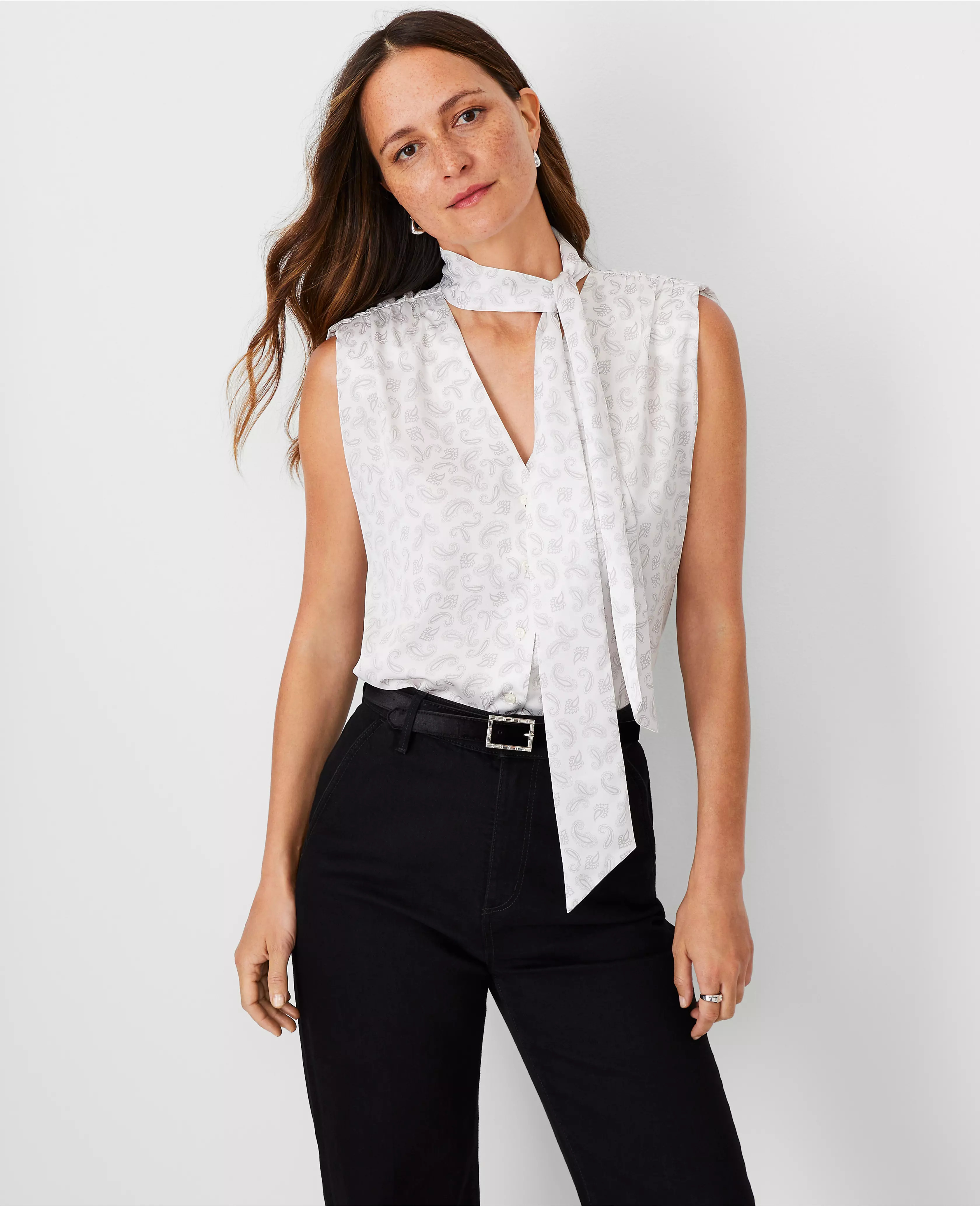 Paisley Shirred Shoulder Tie Neck Top | Ann Taylor (US)