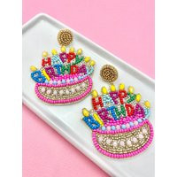 Happy Birthday Cake Beaded Earrings, Jewelry, Gift For Her, Woman's Statement Seed Bead Earrings | Etsy (US)