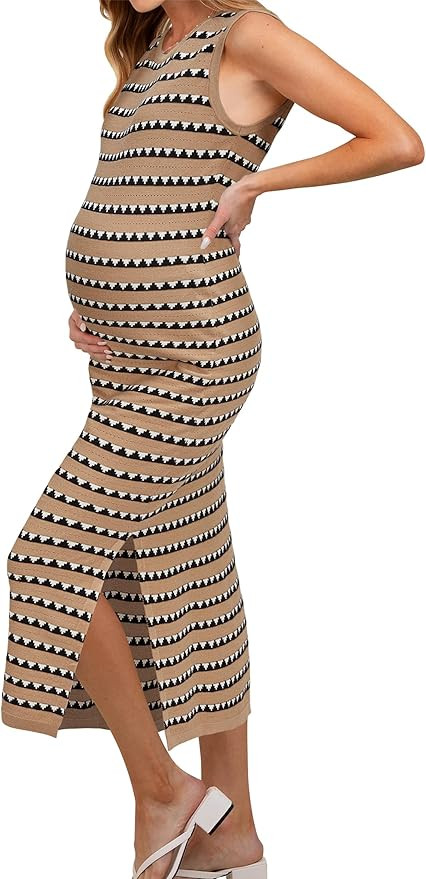 OUGES Maternity Dress Midi Dress Sweater Dress Knit Striped Bodycon | Amazon (US)