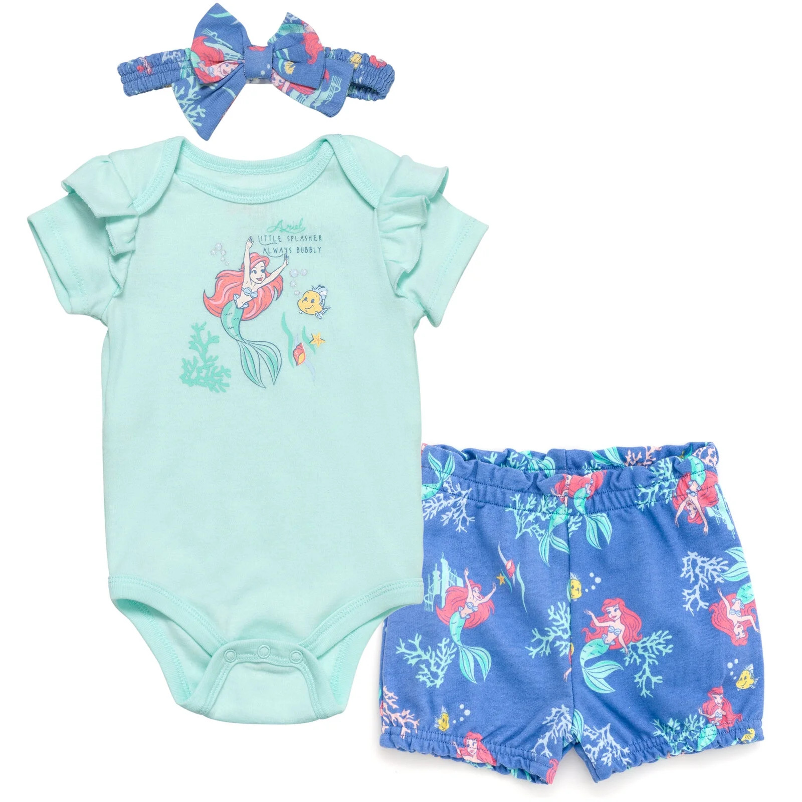 Disney Princess Ariel Bodysuit French Terry Bubble Shorts and Headband 3 Piece Outfit Set Newborn... | Walmart (US)