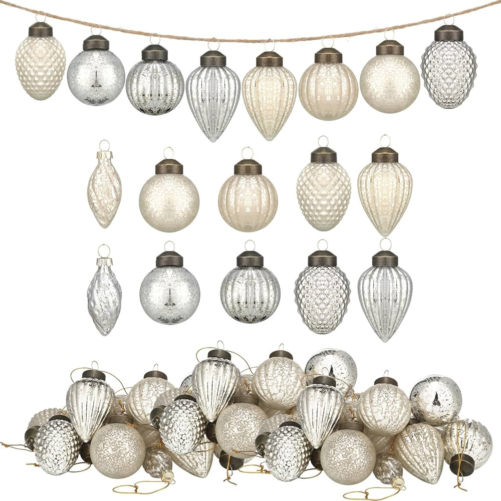 Sliner 30 Pcs Christmas Mercury Glass Ball Ornament Garlands with Fabric String Embossed Mercury ... | Amazon (US)