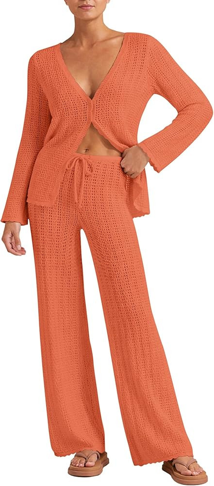 Womens Beach Cover Up Sets 2 Piece Crochet Long Sleeve Button Cardigan Top and Pants Vacation Res... | Amazon (US)