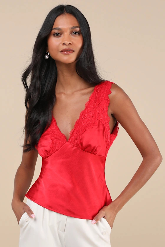 Wildly Perfect Red Satin Lace V-Neck Tank Top | Lulus