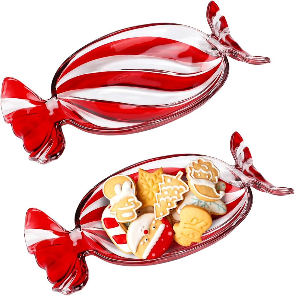 Uiifan 2 Pcs Christmas Peppermint Candy Tray Platter Crystal Glass Fruit Plates Serving Dessert P... | Amazon (US)
