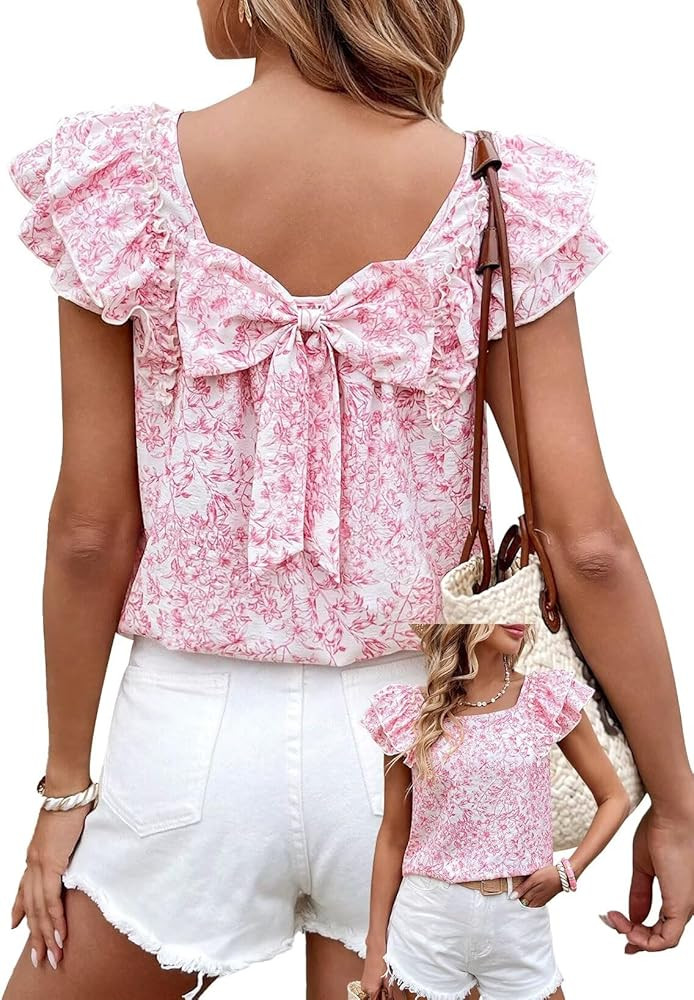 Womens Bow Tie Back Tops Round Neck Ruffle Short Sleeve Shirts Cute Babydoll Chiffon Tee Women Su... | Amazon (US)