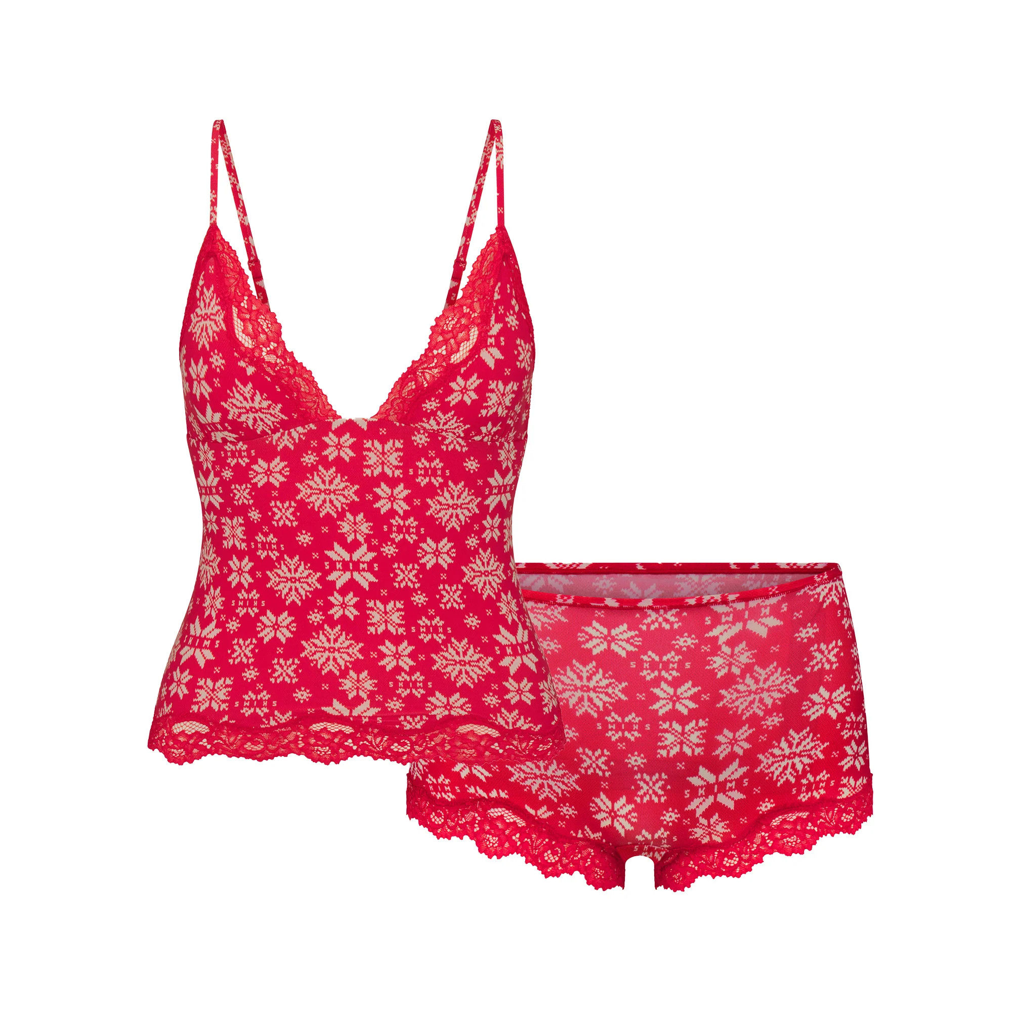 FITS EVERYBODY LACE TRIANGLE CAMI AND BOY SHORT SET | RED SNOWFLAKE FAIR ISLE | SKIMS (US)