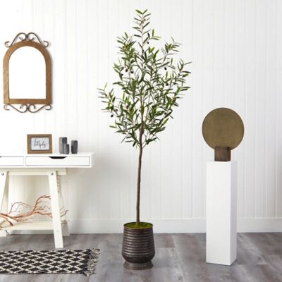 75" Olive Artificial Tree in Ribbed Metal Planter, Green | Ashley Homestore