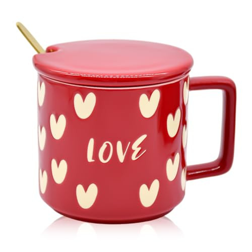 15 oz Valentine's Day Love Heart Mug with Lid and Spoon, Large Romantic Ceramic Coffee Cup, 450ml Holiday Drinkware, Valentines Christmas Birthday Gifts for Couples Her Boyfriend Girlfriend (Red) | Amazon (US)
