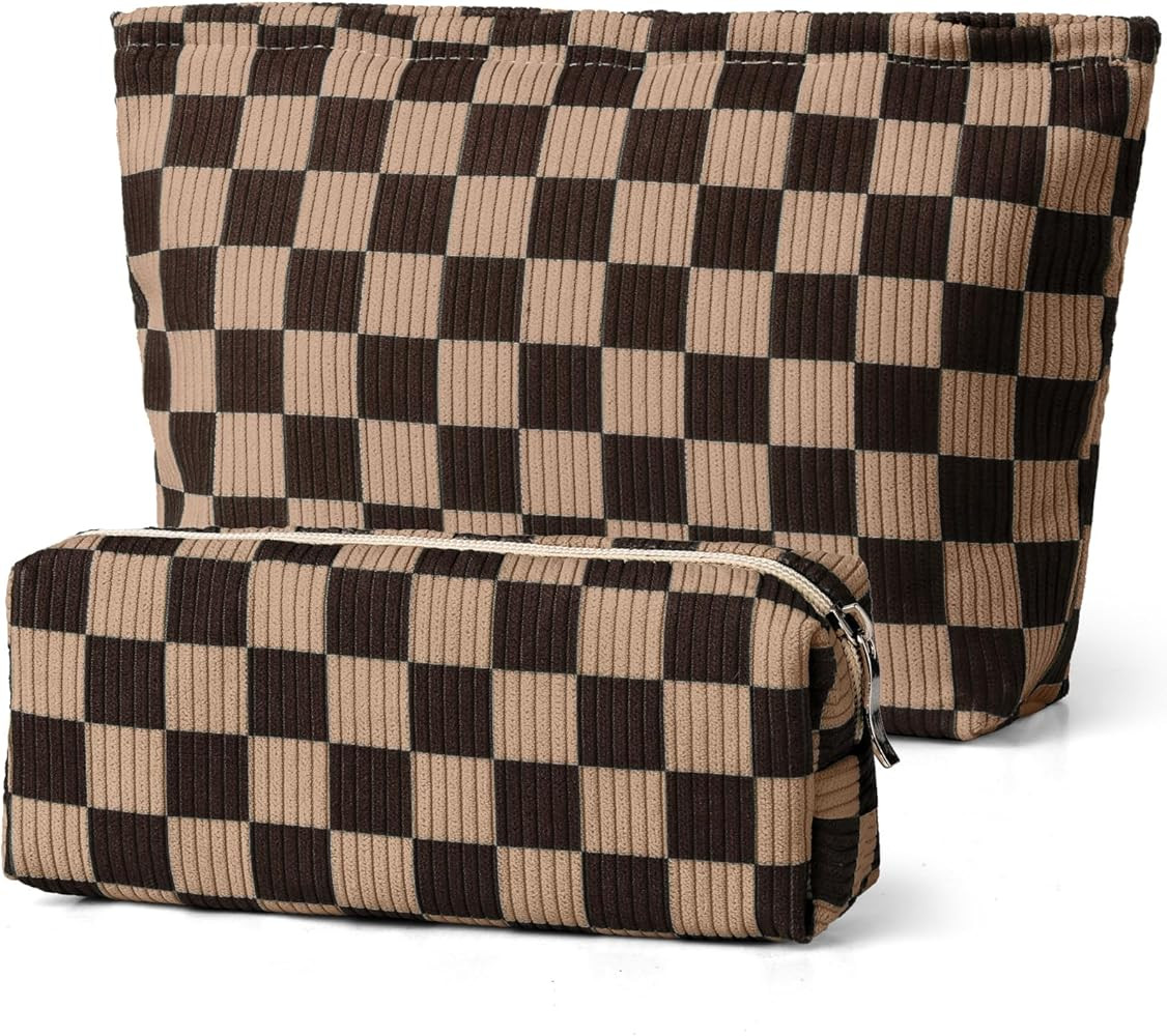 Checkered Makeup Bag, Small Makeup Bag for Purse,Khaki Makeup Toiletry Bag for Women, Travel Big ... | Amazon (US)