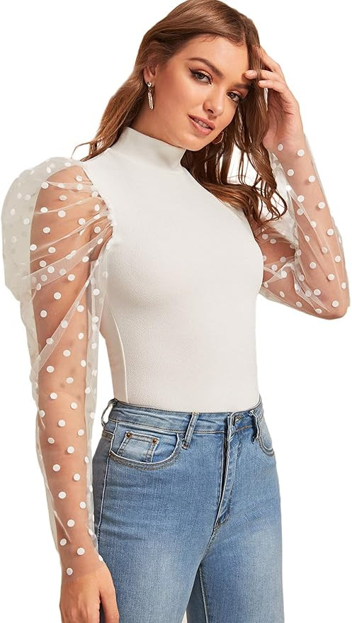 Floerns Women's Mock Neck Polka Dots Puff Sleeve Blouse Tops | Amazon (US)