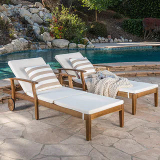 Perla Acacia Wood Chaise Lounge with Cushions (Set of 2) by Christopher Knight Home - Teak + Crea... | Bed Bath & Beyond