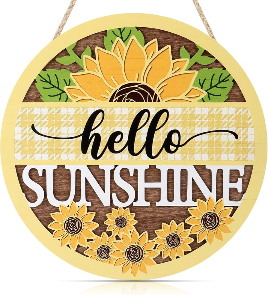 CHDITB 3D Hello Sunshine Front Door Sign Wreath, Wooden Yellow Bufflo Plaid Sunflower Decoration ... | Amazon (US)