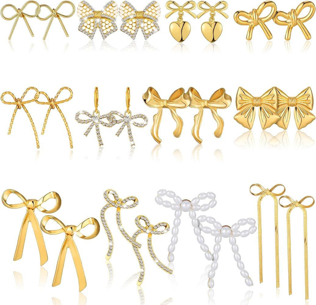 Landical 12 Pairs Gold Bow Earrings for Women Ribbon Bow Stud Earrings Tassel Earrings Bow Butter... | Amazon (US)