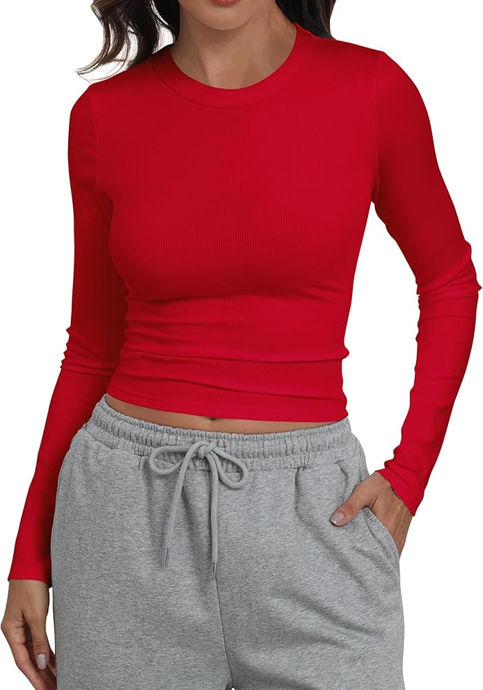 Artfish Women Crew Neck Ribbed Knit Long Sleeve T-Shirt Form Fitting Casual Basic Tops | Amazon (US)