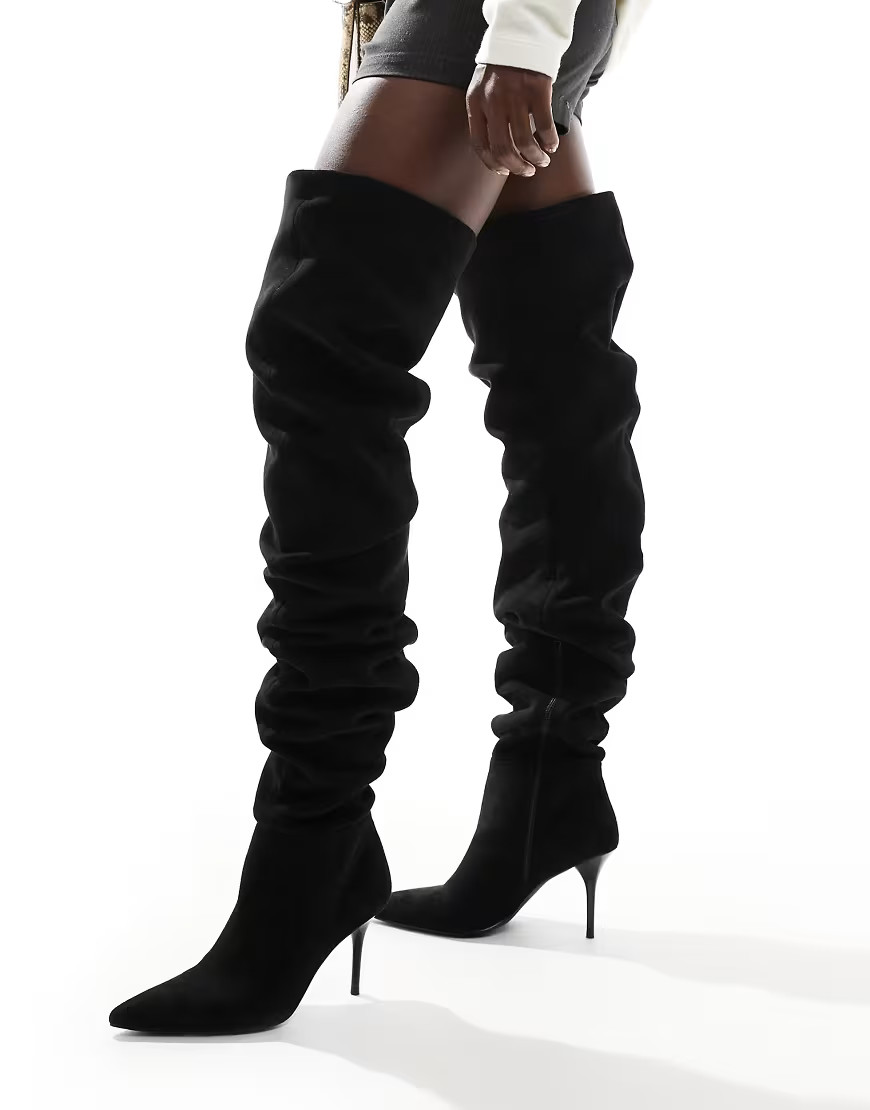 ASOS DESIGN Knock ruched heeled over the knee boots in black | ASOS (Global)