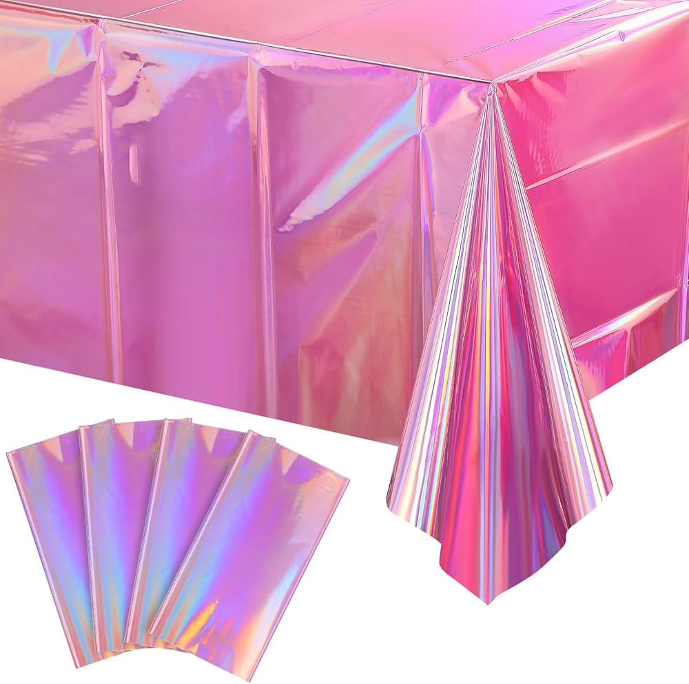 4 Pack Iridescent Pink Plastic Tablecloths, FunnyPars Shiny Disposable Laser Rectangle Table Cove... | Amazon (US)