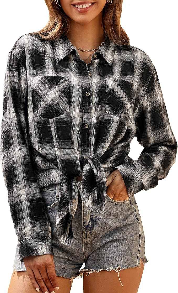 WARHORSEE Plaid Flannel Shirts for Women Long Sleeve, Loose Fit Womens Casual Flannels Button Dow... | Amazon (US)