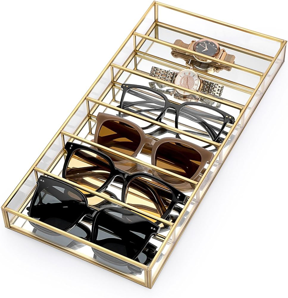 Hipiwe Glass Sunglass Organizer Tray Eyewear Eyeglass Storage Display Case Gold Mirrored Jewelry ... | Amazon (US)
