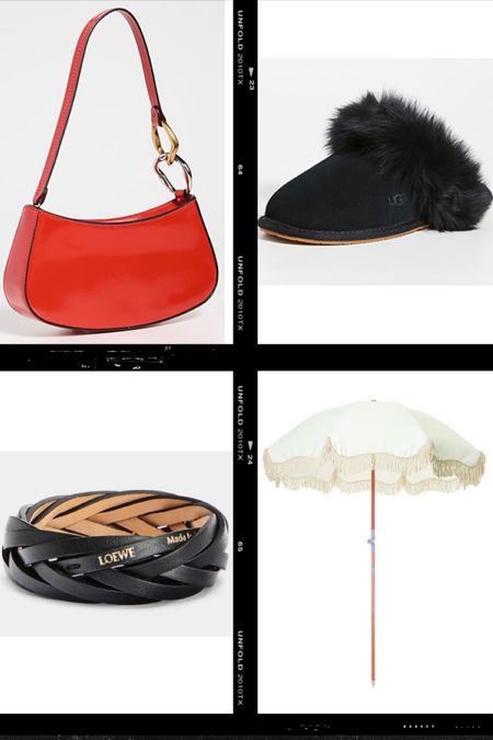 Holiday gift guide! This holiday season, we recommend gifting her a red Staud shoulder bag, black UGG slippers, a Braided Leather Bangle from Loewe or a beach umbrella. #purse #giftguide #slippers #ugg #bracelet 

#LTKHoliday #LTKstyletip #LTKSeasonal