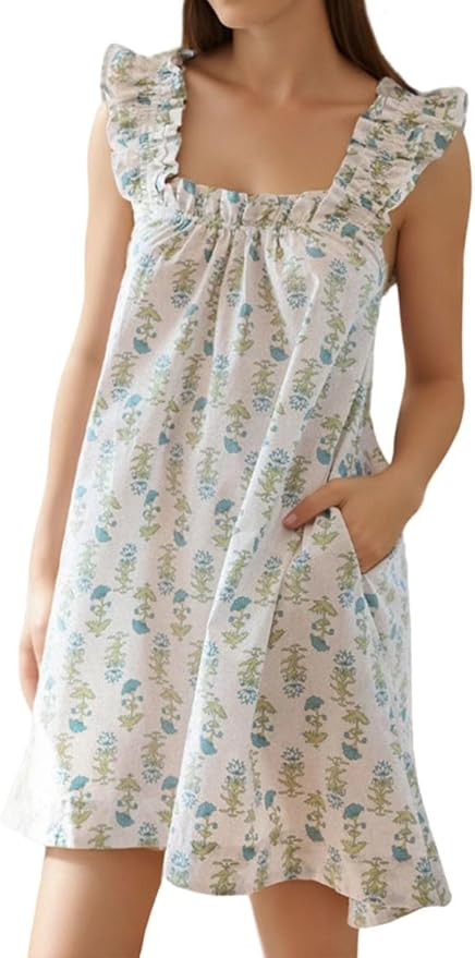 Womens Ruffle Nightgown Sleeveless Floral Night Gown Cotton Nightdress | Amazon (US)