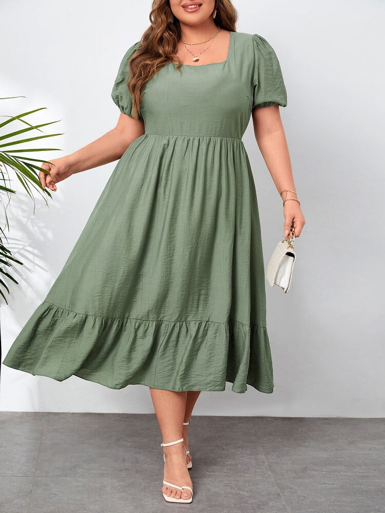 Plus Puff Sleeve Ruffle Hem Dress | SHEIN