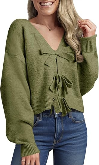 Saodimallsu Womens Bow Sweater Cropped V Neck Long Sleeve Fall Cozy Knit Loose Trendy Pullover Sw... | Amazon (US)