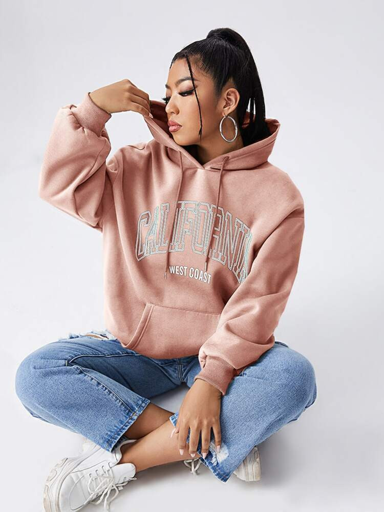 Plus Letter Graphic Kangaroo Pocket Drawstring Hoodie | SHEIN