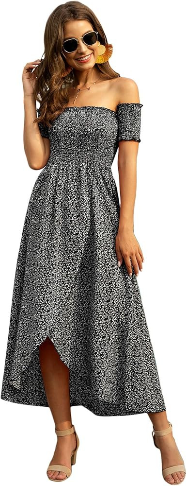 Floerns Women's Floral Print Off Shoulder Shirred Split Maxi A Line Dress | Amazon (US)