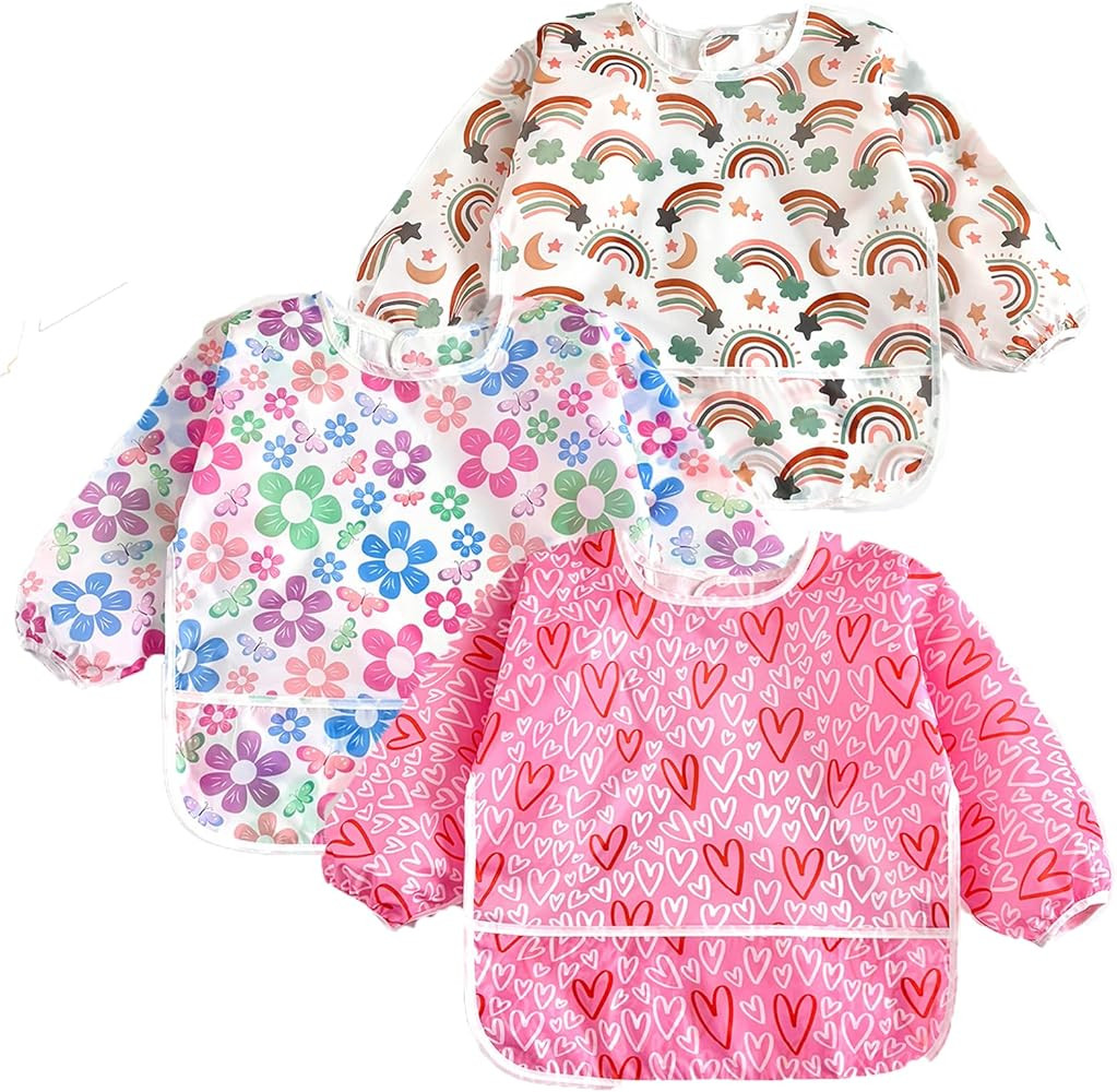 PandaEar 3 Pack Long Sleeve Baby Bibs, Waterproof Full Sleeve Bib for Toddlers, Adjustable Fit fo... | Amazon (US)
