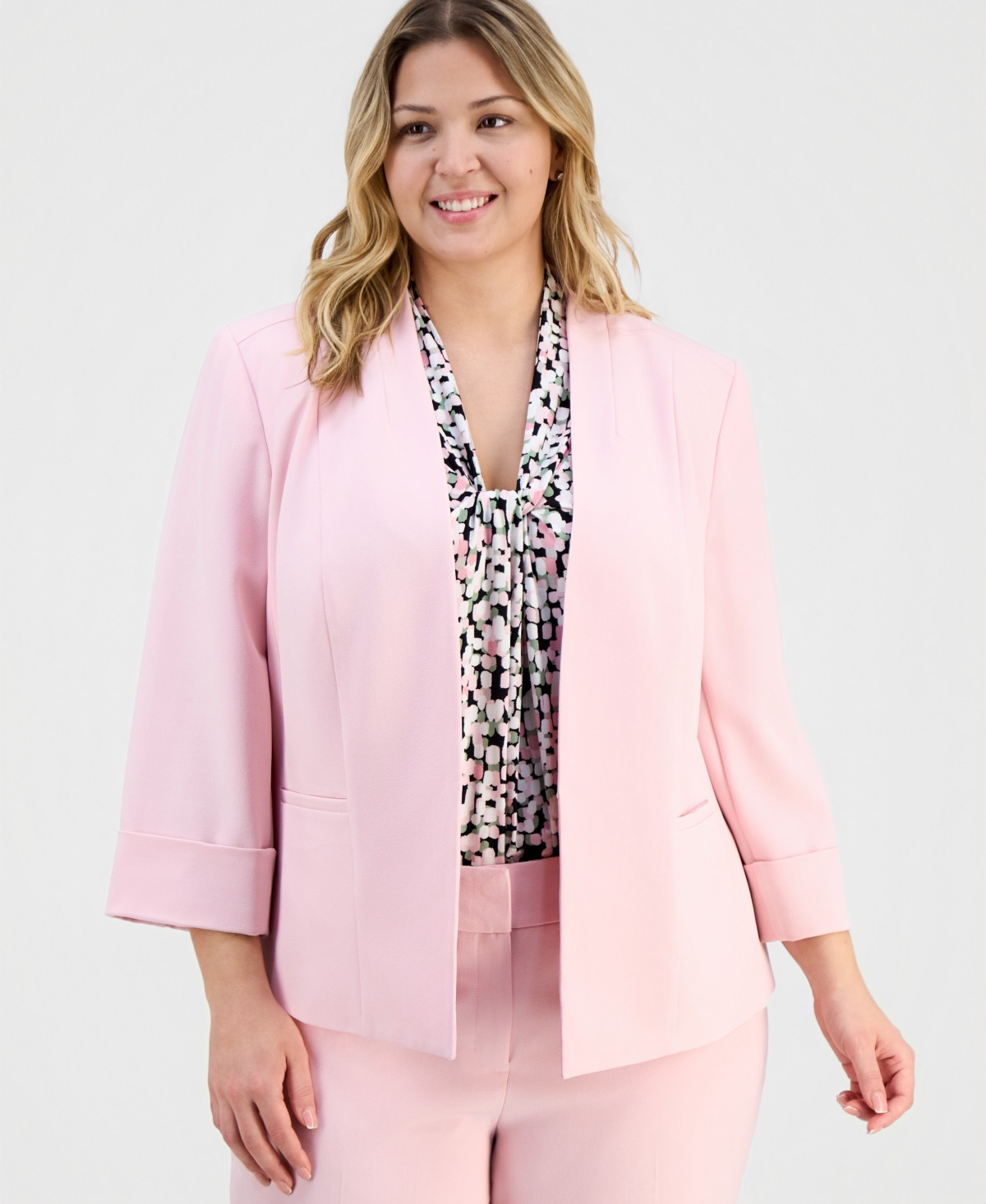 Kasper Plus Size Stretch Crepe Open-Front 3/4-Sleeve Collarless Blazer - Tutu Pink | Macy's
