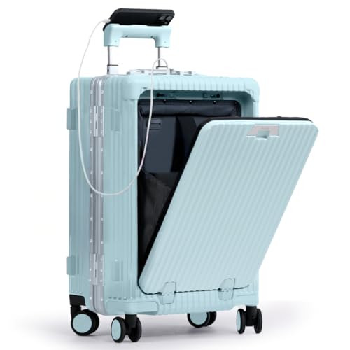 Nobl Travel Carry On Luggage, Noble Zipperless Aluminum Frame PC Hard Shell Suitcase, 22.5x15x9.5 Airline Approved, 360° Spinner Wheels, TSA Locks, USB Charging Port, Cup & Phone Holder - Powder Blue | Amazon (US)