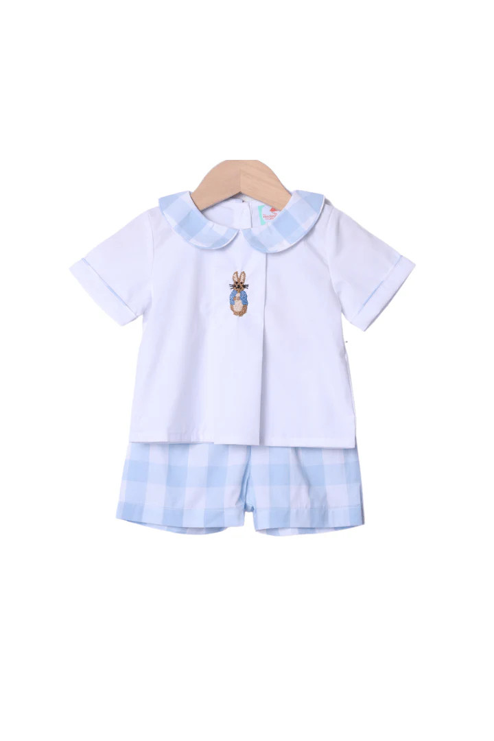 French Knot Peter Rabbit Blue Gingham Short Set | The Smocked Flamingo