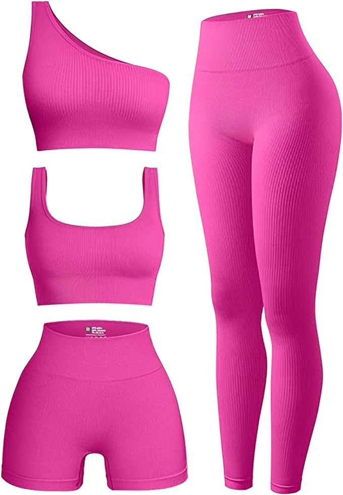 4 Piece Workout Sets For Women Ribbed Leggings Clothes Yoga Sets Active Wear Matching Work Out Se... | Amazon (US)