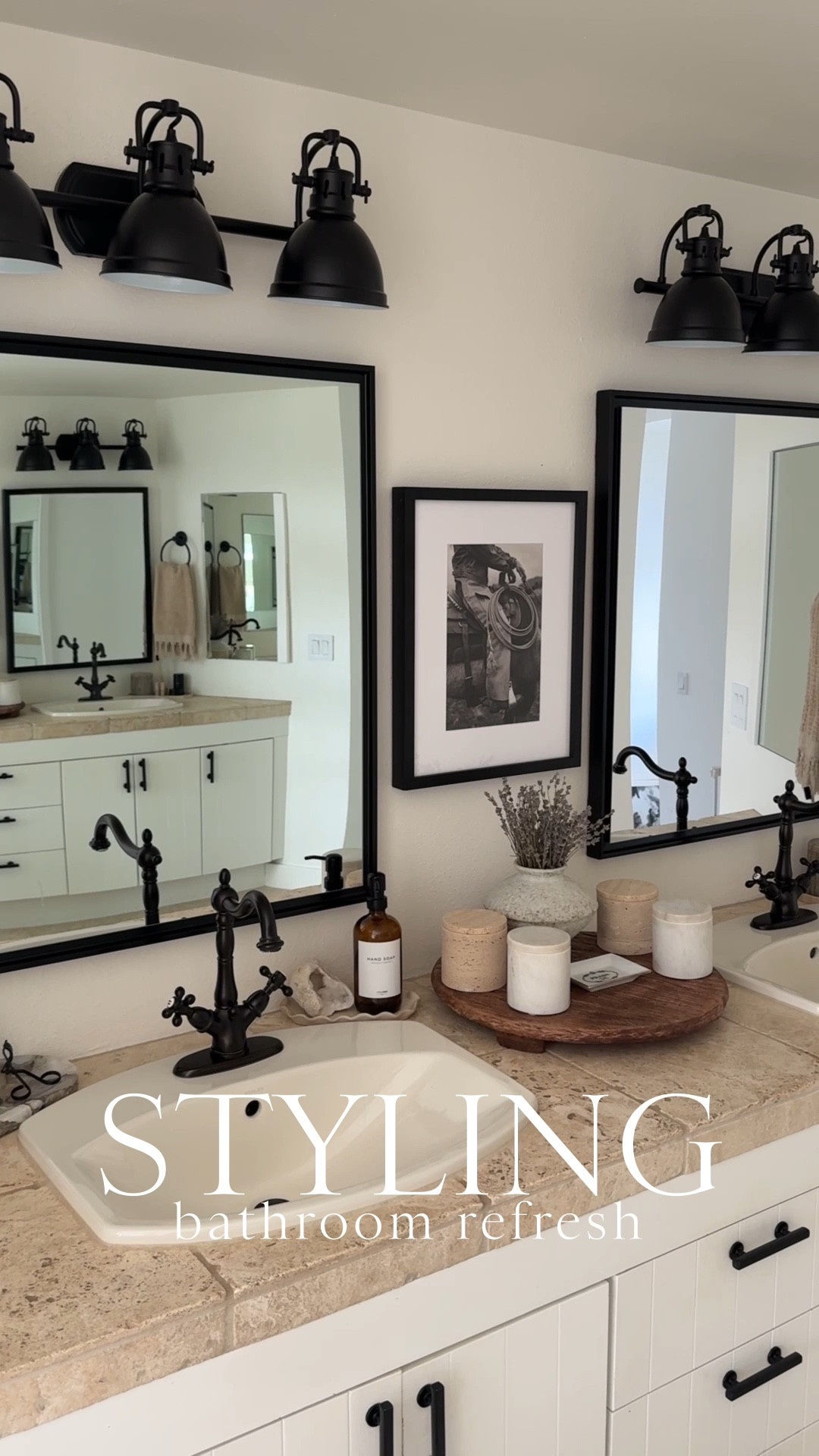 STYLING \ bathroom refresh!🤠🪻✨ Using favorites that are great for storage and displaying items as well as being aesthetically pleasing👌🏻 SO many great finds from Amazon, Target, PB and McGee. Here are the details on what I styled my space with👇🏻
+ cowboy art @houseofspoils
+ large wood pedestal tray
+ cermamic vase (Amazon!)
+ dried lavendar 
+ stone canisters (Amazon)
+ marble canisters (Target)
+ mini Prada dish 
+ runner rug (Target)
+ sheepskin stool
+ scalloped tray
+ glass hand soap bottle 
+ fringe hand towel 
+ marble tray & skin tools  

#LTKHome #LTKFindsUnder100 #LTKWatchNow