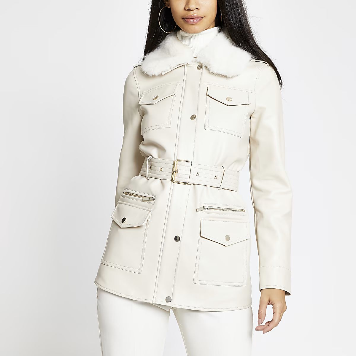 Cream faux leather utility army jacket | River Island (UK & IE)