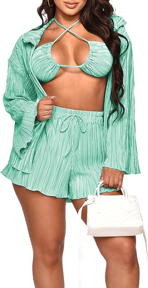 Lounge Sets for Women 3 Piece Vacation Outfits Y2K Ruffle Long Sleeve Pleated Cardigan and Bra Se... | Amazon (US)