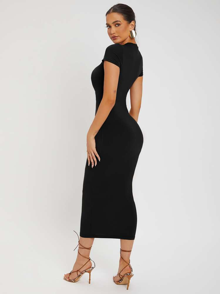 SHEIN SXY Summer Round Neck Black Tight Cap Sleeve Short Sleeve Sexy Dress,Business Casual Woman | SHEIN